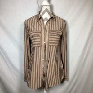 E M Women’s Tan Black Stripes Button Down Blouse